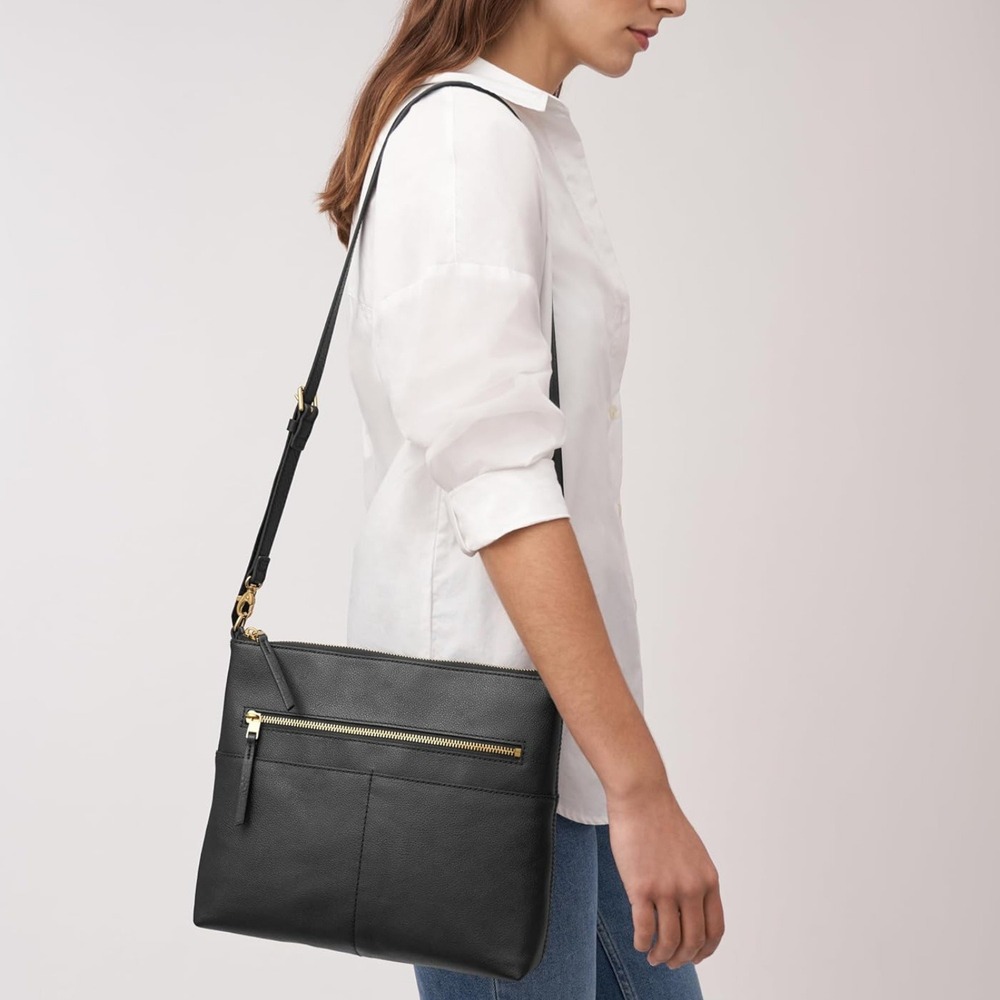 Fossil Fiona Black Pebbled Leather Crossbody Bag‎ Purse Handbag